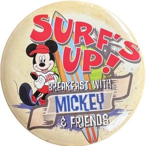 Disney Parks Mickey Surfs Up Button. Slight ding on the back not affecting front